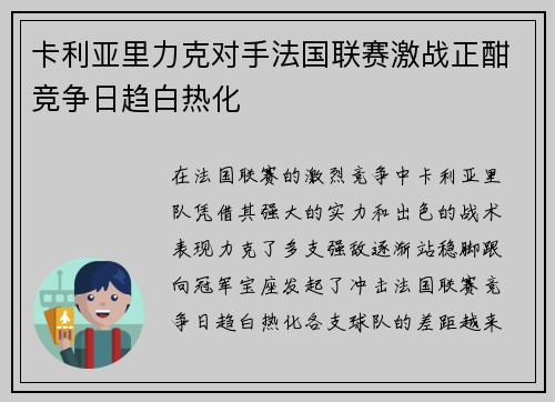 卡利亚里力克对手法国联赛激战正酣竞争日趋白热化