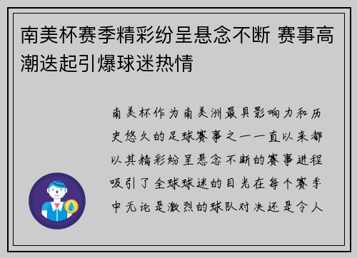 南美杯赛季精彩纷呈悬念不断 赛事高潮迭起引爆球迷热情