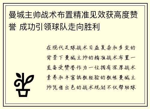 曼城主帅战术布置精准见效获高度赞誉 成功引领球队走向胜利