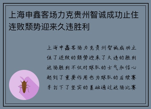 上海申鑫客场力克贵州智诚成功止住连败颓势迎来久违胜利