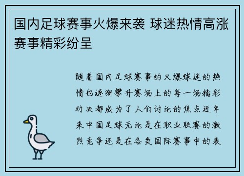 国内足球赛事火爆来袭 球迷热情高涨赛事精彩纷呈