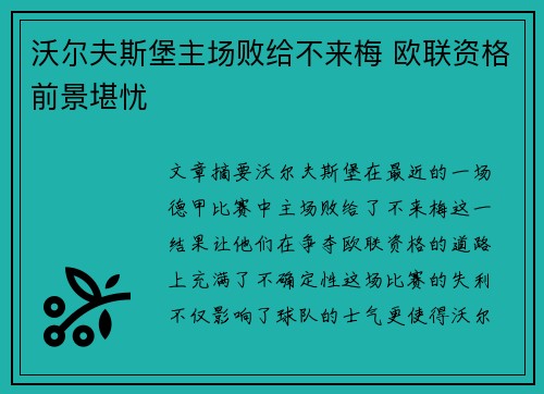 沃尔夫斯堡主场败给不来梅 欧联资格前景堪忧